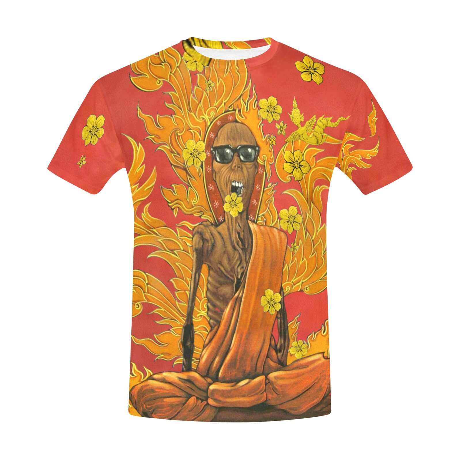 Burning Monk: Thich Quang Duc Men's Crew Neck T-shirt featuring vibrant artwork and a relaxed fit, perfect for casual outings.