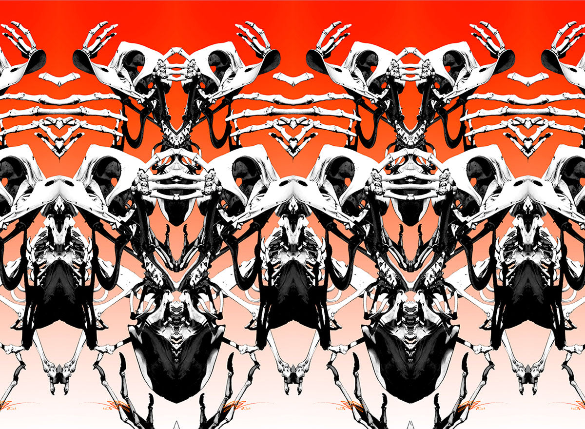 Intricate black and white skull and skeletal pattern on a vibrant orange gradient background, showcasing detailed artistry.