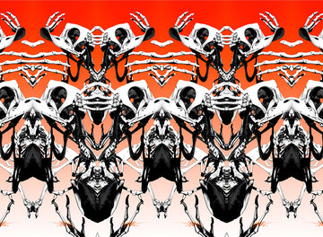 Intricate black and white skull and skeletal pattern on a vibrant orange gradient background, showcasing detailed artistry.