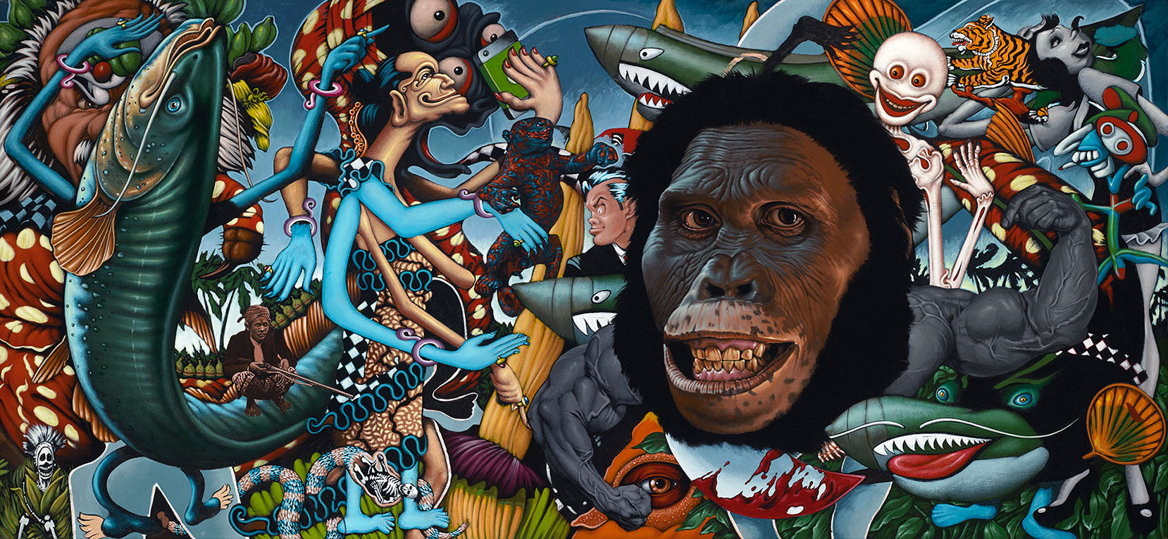 Funky artwork featuring a central gorilla face amidst vibrant colors, fish, and playful characters in a lively underwater setting.