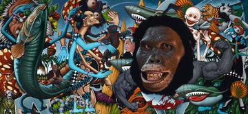 Funky artwork featuring a central gorilla face amidst vibrant colors, fish, and playful characters in a lively underwater setting.