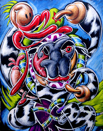 Vibrant abstract art featuring a colorful, expressive figure with animal motifs and playful expressions set against a blue background.