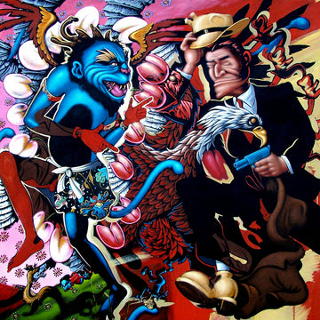 Vibrant urban mural featuring a blue character and a suited man with a gun, surrounded by colorful elements and dynamic patterns.
