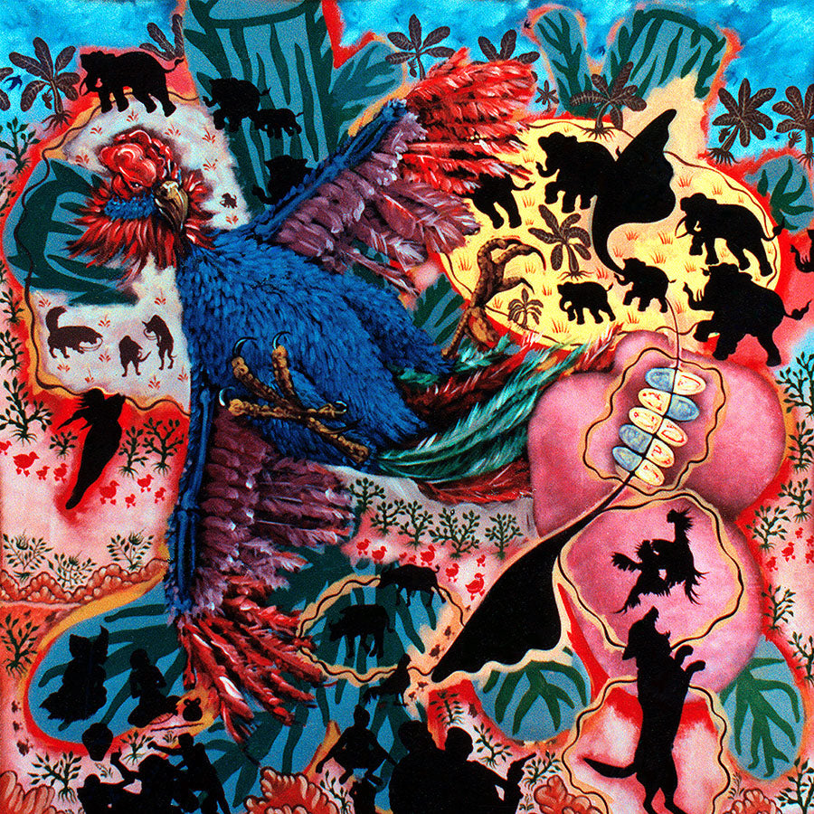 Colorful artwork featuring a vibrant bird surrounded by silhouettes of animals in a lively garden setting.