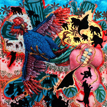 Colorful artwork featuring a vibrant bird surrounded by silhouettes of animals in a lively garden setting.