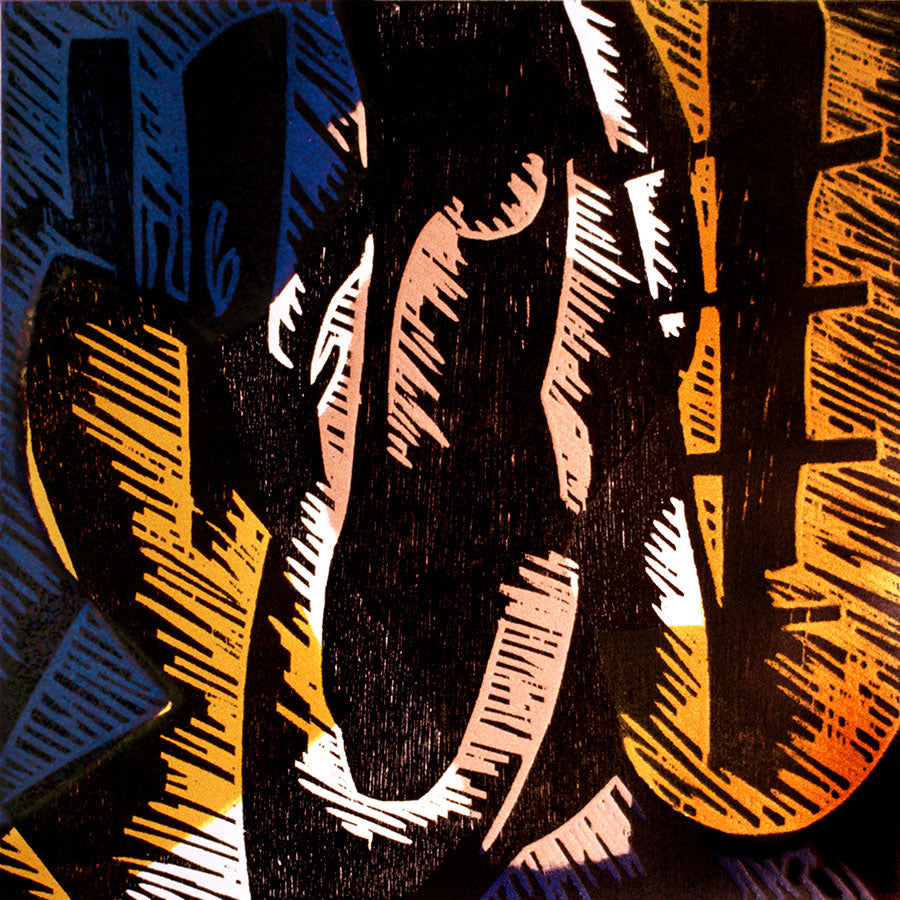 Abstract artwork featuring bold lines and contrasting colors, depicting a dynamic figure with musical elements.