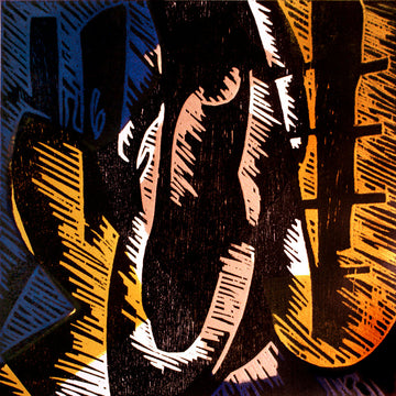 Abstract artwork featuring bold lines and contrasting colors, depicting a dynamic figure with musical elements.