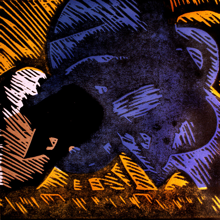 Abstract artwork featuring bold blue and orange shapes with textured lines, creating a vibrant visual contrast.