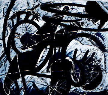 Abstract artwork featuring bold black lines and circular patterns on a textured blue background, showcasing dynamic motion.