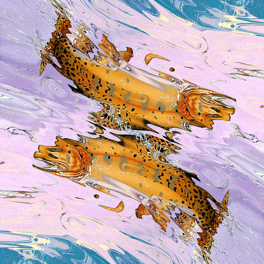 Trout swimming in a vibrant pink and blue abstract background, showcasing intricate details and fluid movement.