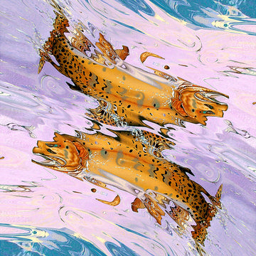 Trout swimming in a vibrant pink and blue abstract background, showcasing intricate details and fluid movement.