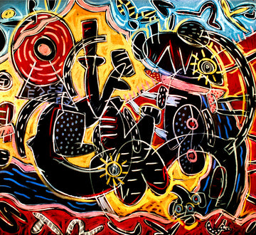 Vibrant abstract art with black and red shapes, featuring swirling lines and circular patterns against a bright background.