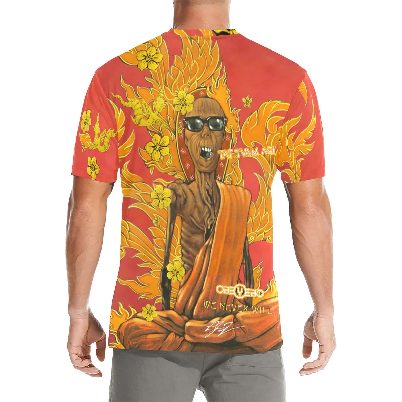 Burning Monk: Thich Quang Duc Men's Crew Neck T-shirt featuring bold artwork and vibrant colors, perfect for casual wear.