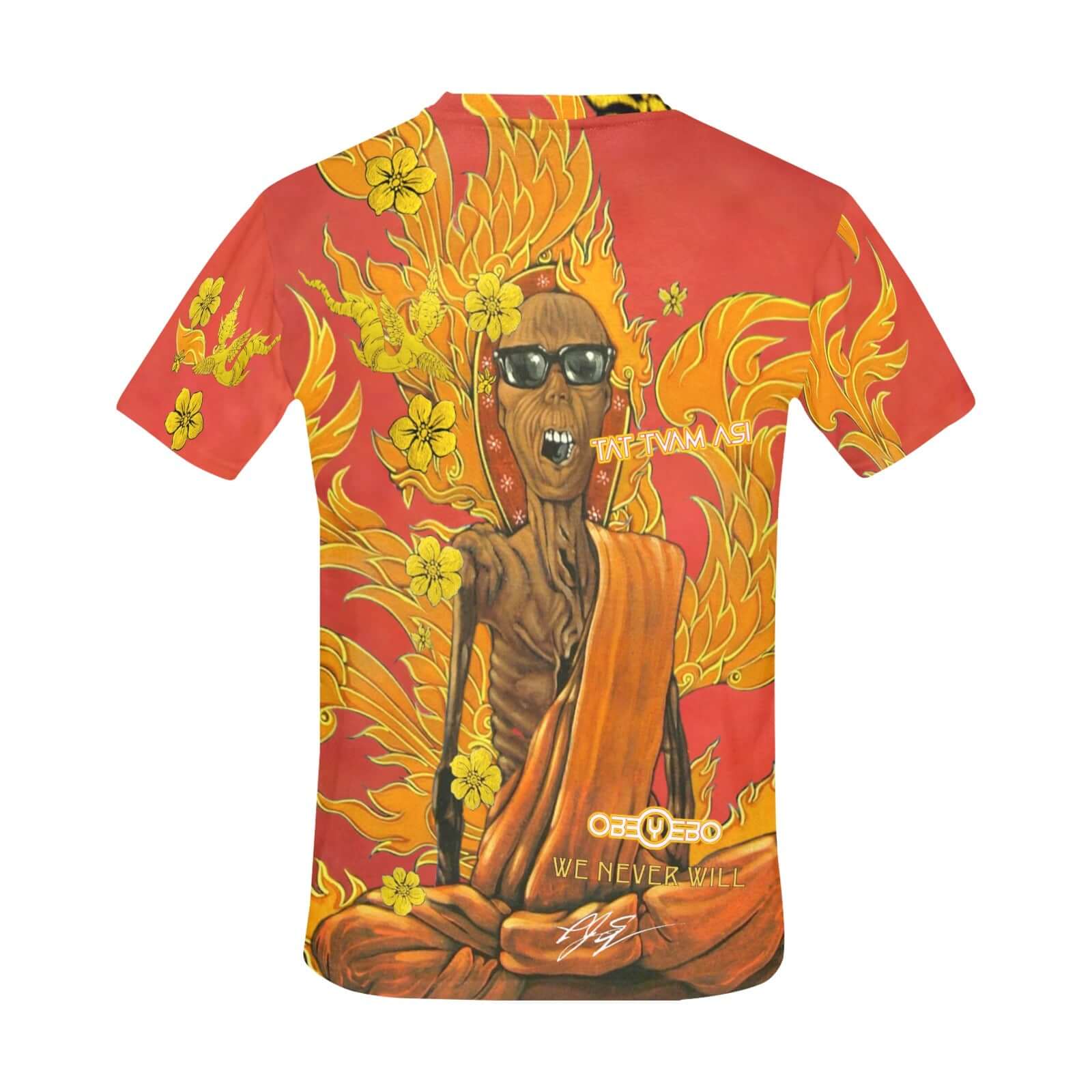 Burning Monk Men's Crew Neck T-shirt in vibrant colors, featuring bold artwork and relaxed fit for casual wear.