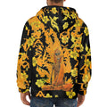 Burning Monk Tat Tvam Asi Men's Flannel Hoodie with vibrant floral design and artistic symbolism, showcasing unique streetwear style.
