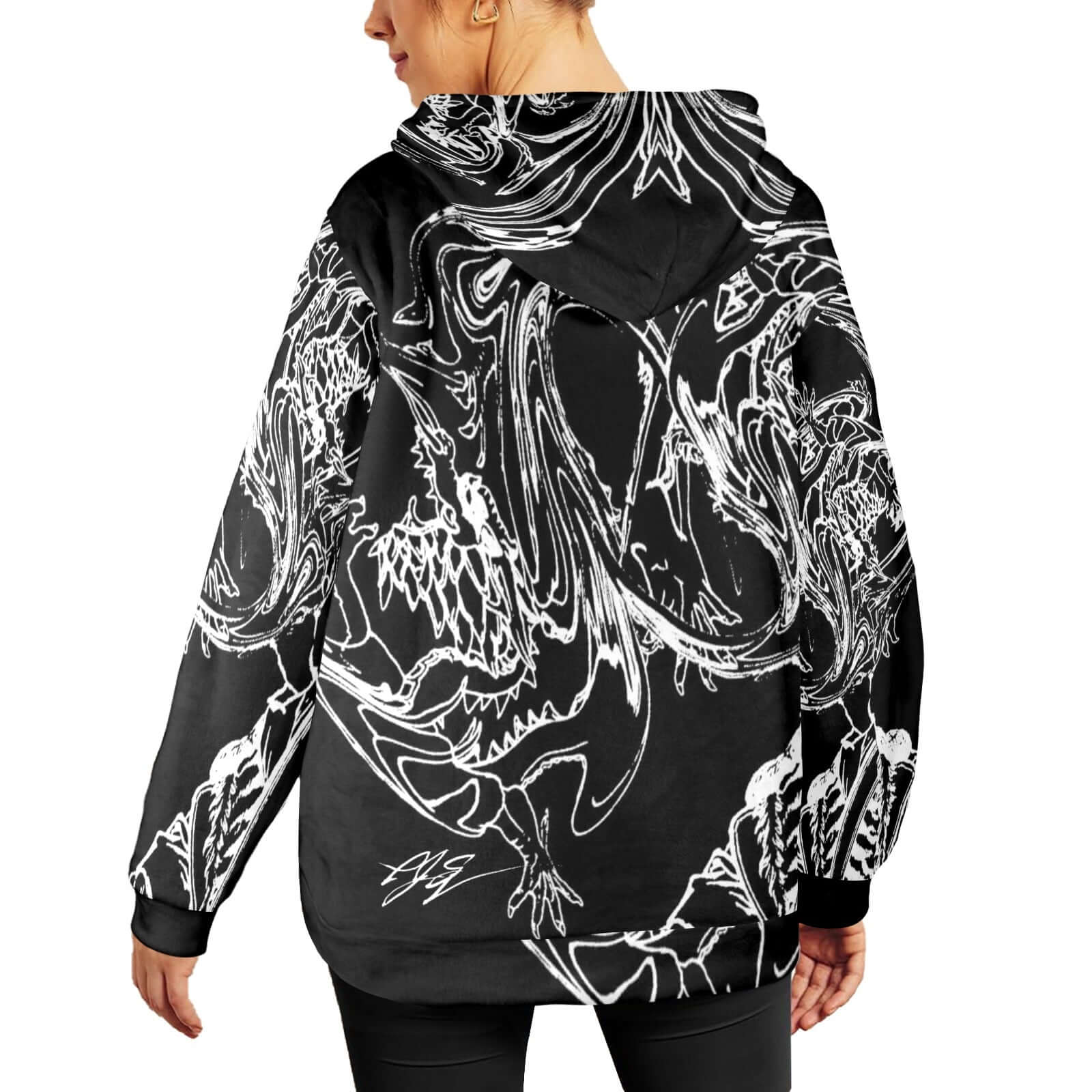 Chasing The Dragon Women's Flannel Hoodie in black, featuring bold dragon graphics and a cozy fit perfect for casual wear.