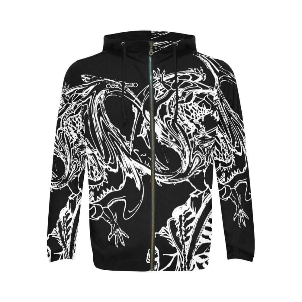Chasing The Dragon Men's Full Zip Hoodie in dynamic black and white print with a full zip closure and adjustable hood