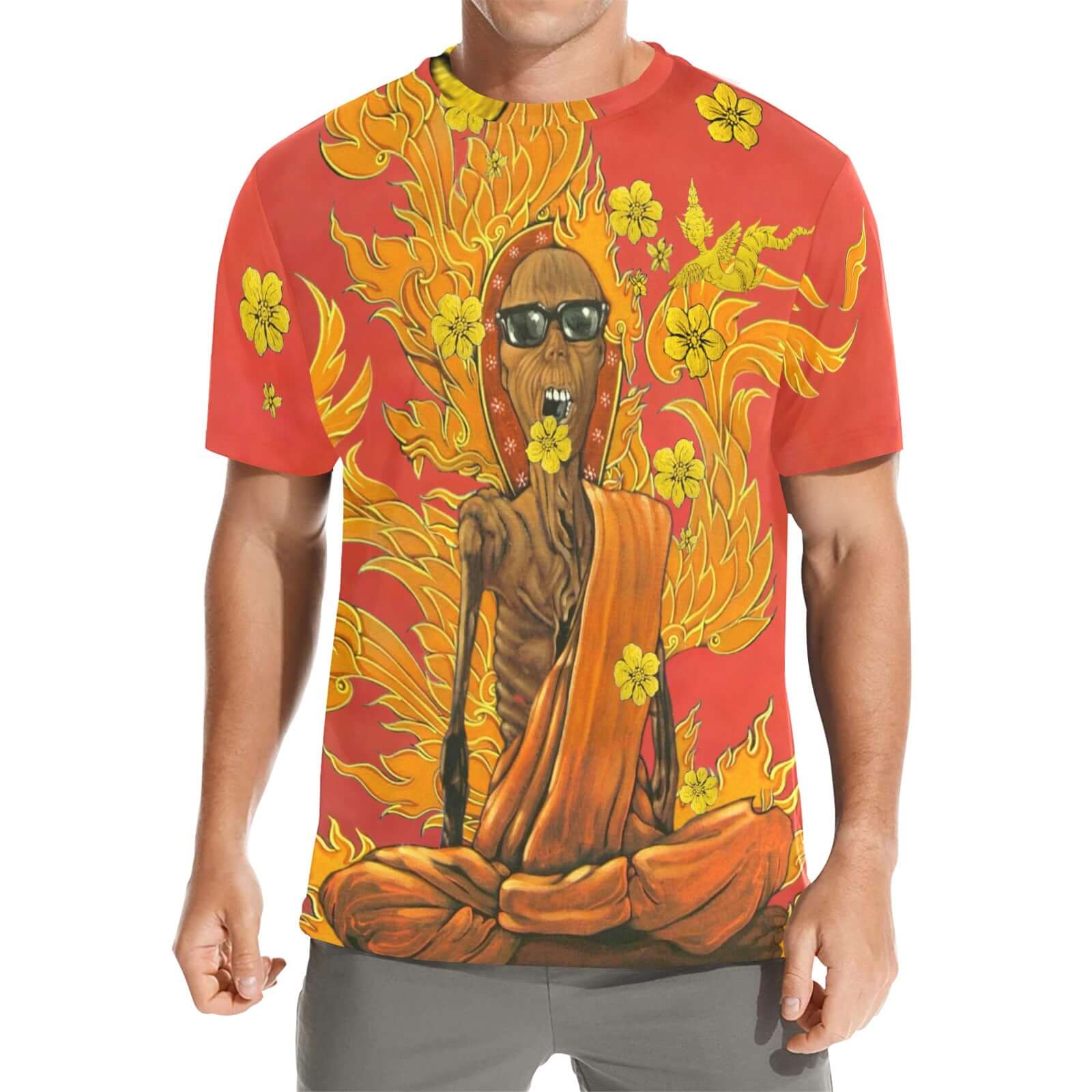 Burning Monk Men's Crew Neck T-shirt with vibrant artwork and relaxed fit for casual style.