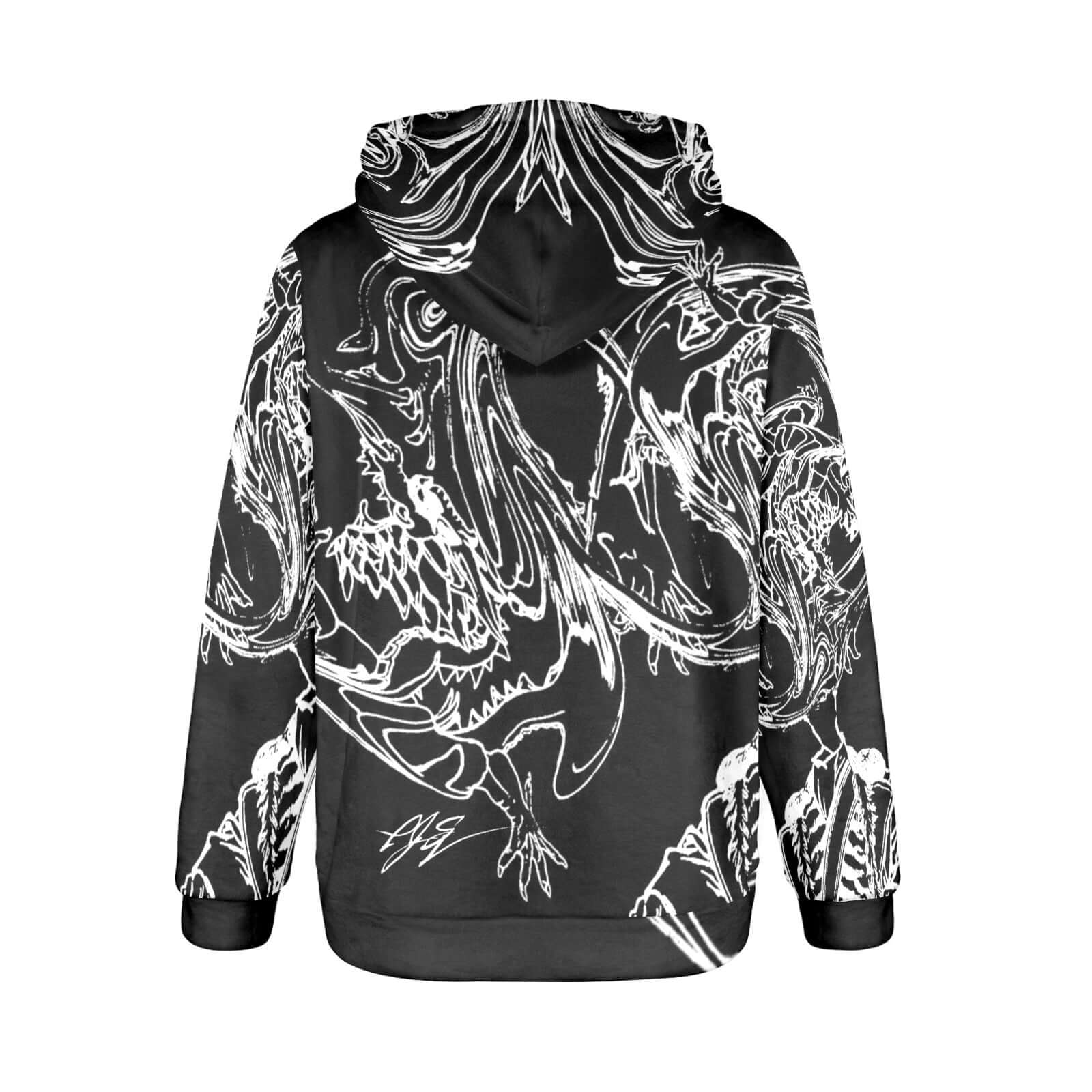 Chasing The Dragon Women's Flannel Hoodie with bold black and white dragon design, perfect for casual outings.
