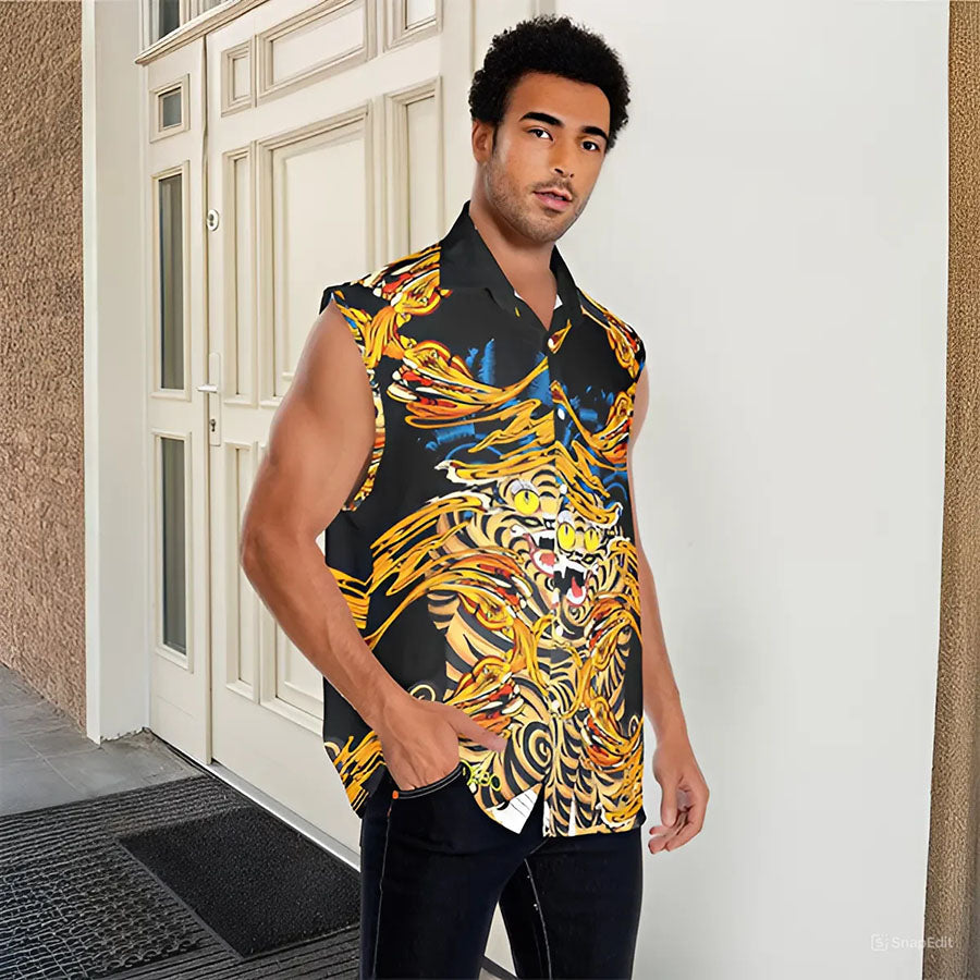 A man wearing a vibrant, sleeveless dragon print shirt stands by an elegant door, showcasing bold colors and unique design.