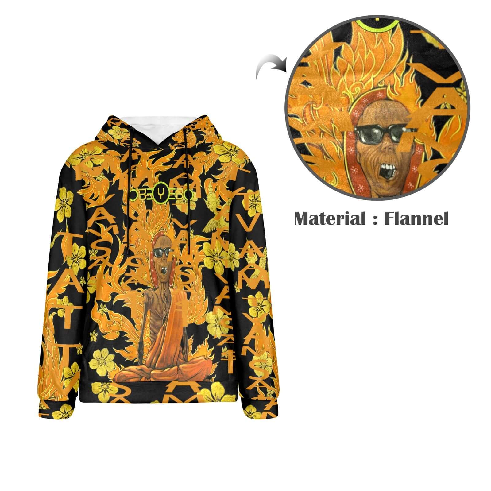 Burning Monk Tat Tvam Asi men's flannel hoodie, vibrant orange design, relaxed fit with striking artwork and floral details.