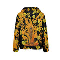 Burning Monk Tat Tvam Asi men's flannel hoodie showcasing vibrant artwork and floral patterns, perfect for casual style.