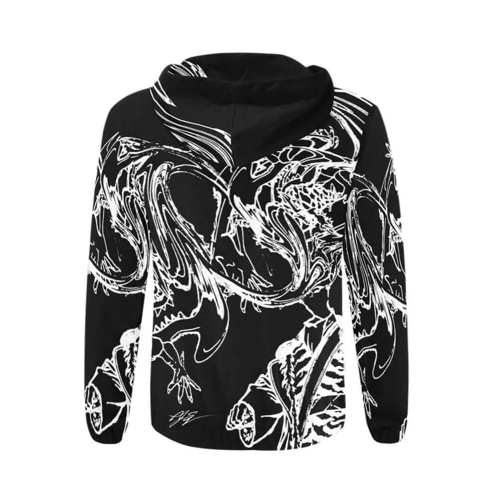 Chasing The Dragon Men's Full Zip Hoodie in black with dynamic white dragon print design, showcasing cozy fabric and adjustable hood.