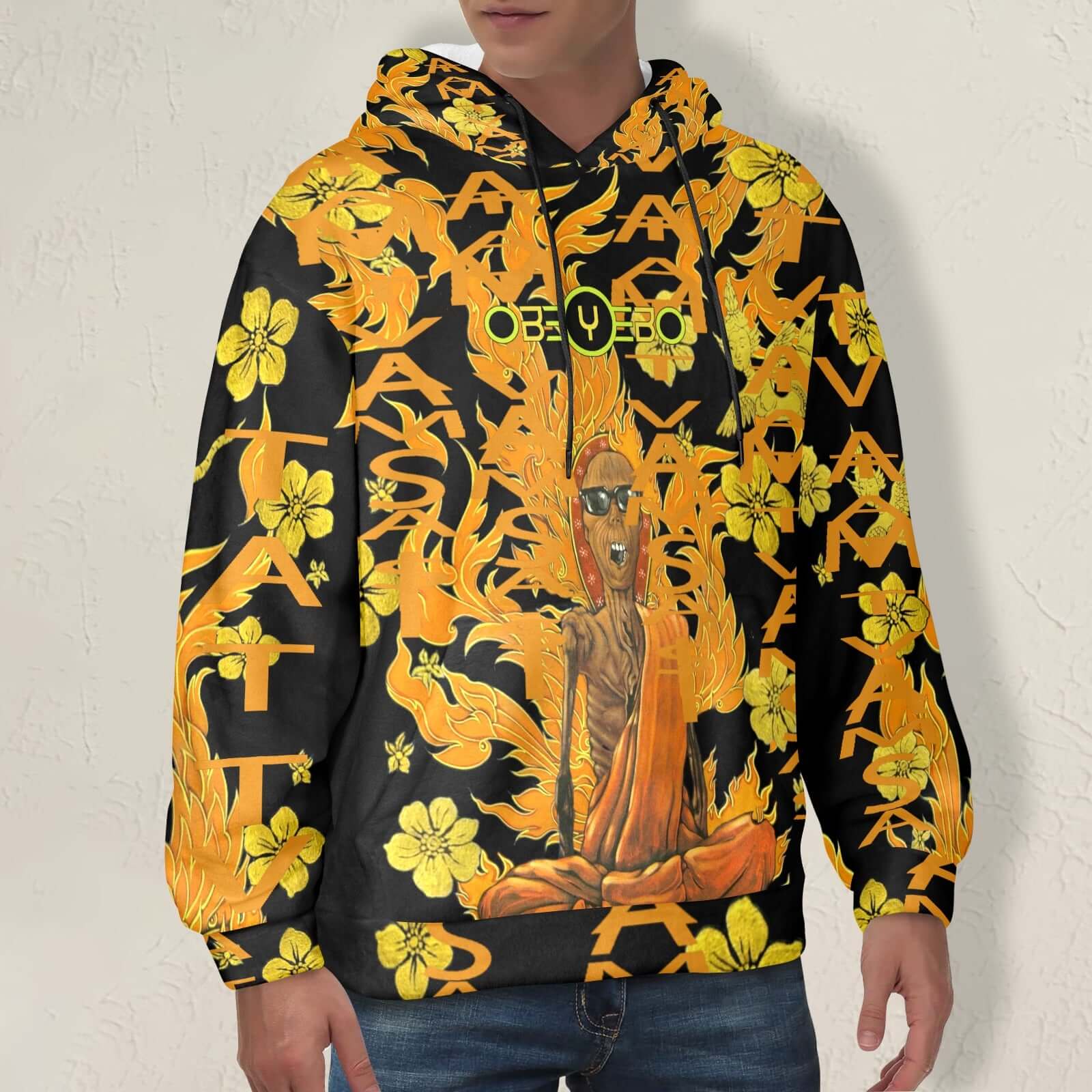 Burning Monk Tat Tvam Asi Men's Flannel Hoodie in vibrant colors with floral design, showcasing unique philosophical artwork.