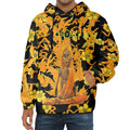 Burning Monk Tat Tvam Asi Men's Flannel Hoodie in vibrant orange and black, featuring bold floral design and relaxed fit.