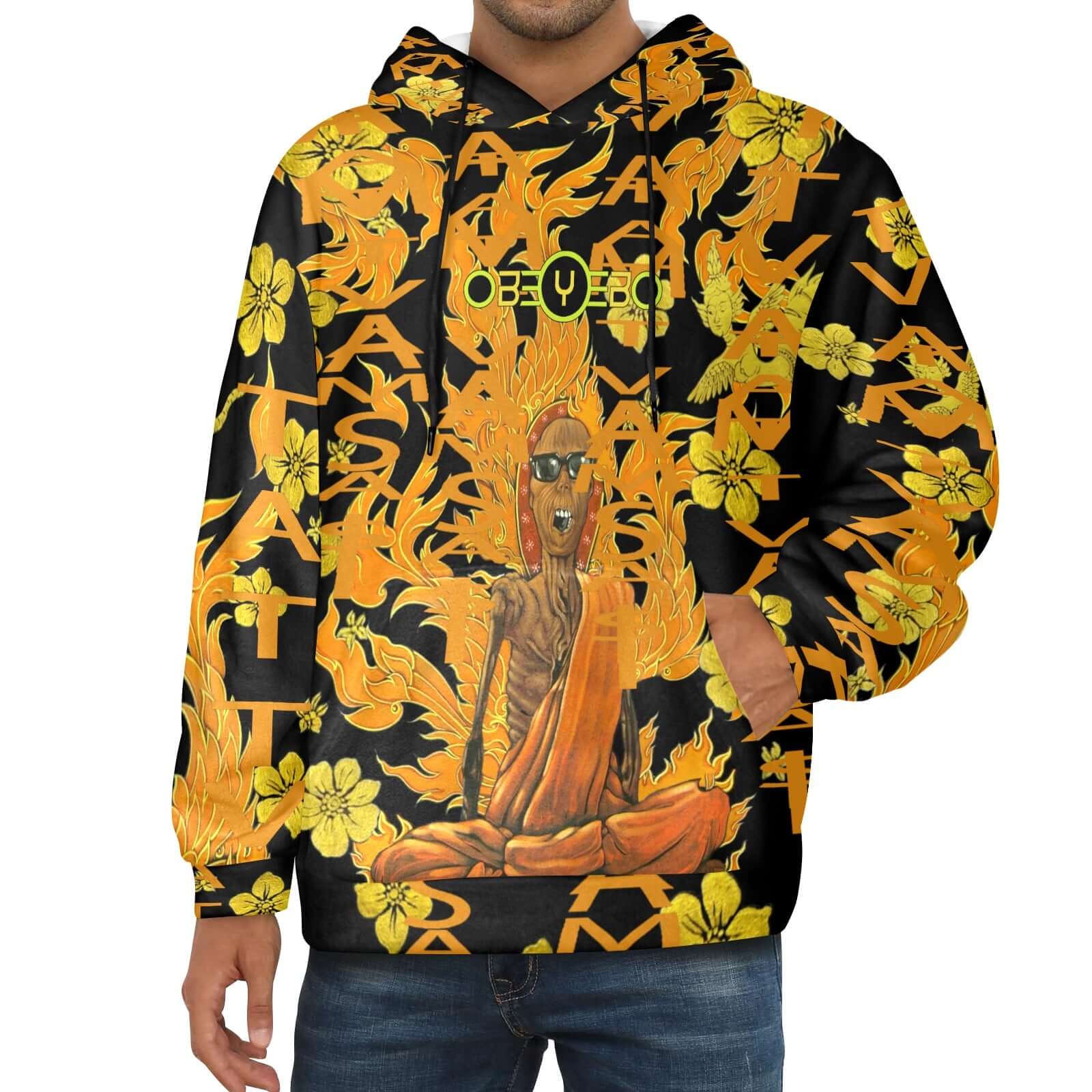 Burning Monk Tat Tvam Asi Men's Flannel Hoodie in vibrant orange and black, featuring bold floral design and relaxed fit.