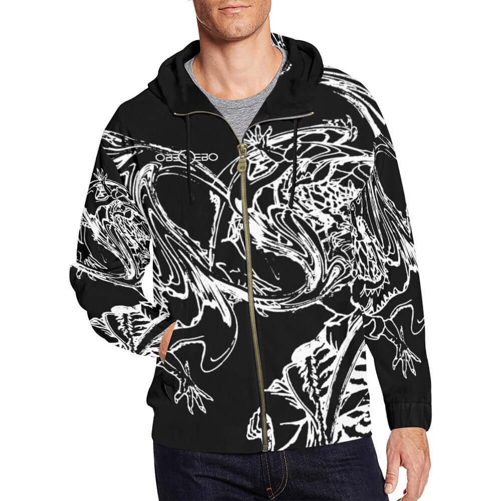 Chasing The Dragon Men's Full Zip Hoodie in bold black and white print, showcasing a stylish design and a relaxed fit.