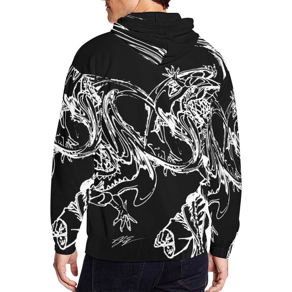 Chasing The Dragon Men's Full Zip Hoodie showcasing bold dragon artwork in black and white, designed for style and comfort.