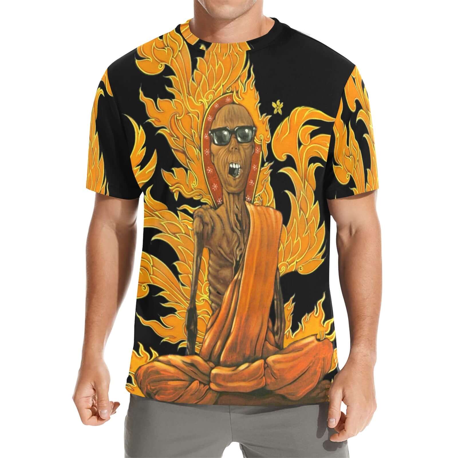 Burning Monk Men's Crew Neck T-shirt featuring bold artwork, relaxed fit, perfect for casual style.
