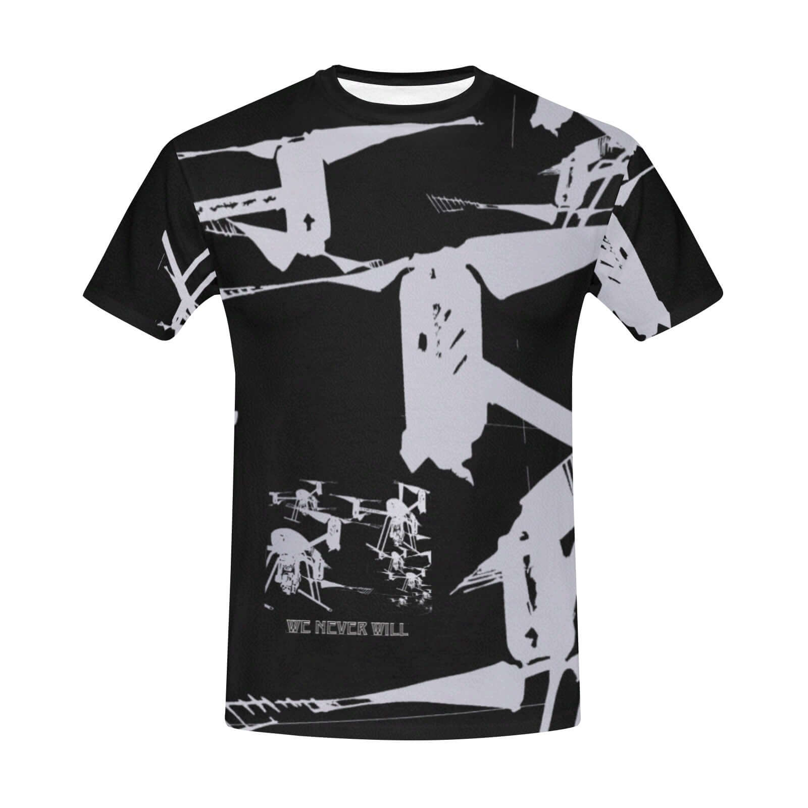 Drones Call To Duty Black Men's Crew Neck T-shirt showcasing a modern drone print and relaxed fit, perfect for casual wear.