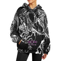 Chasing The Dragon Women's Flannel Hoodie in black and white, showcasing unique design and relaxed fit for cool days.