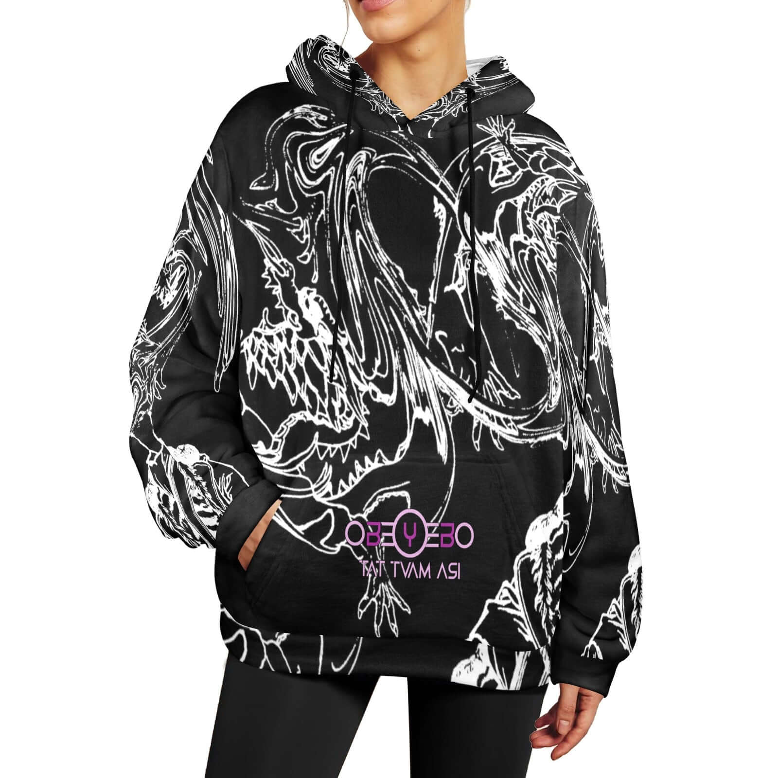 Chasing The Dragon Women's Flannel Hoodie in black and white, showcasing unique design and relaxed fit for cool days.
