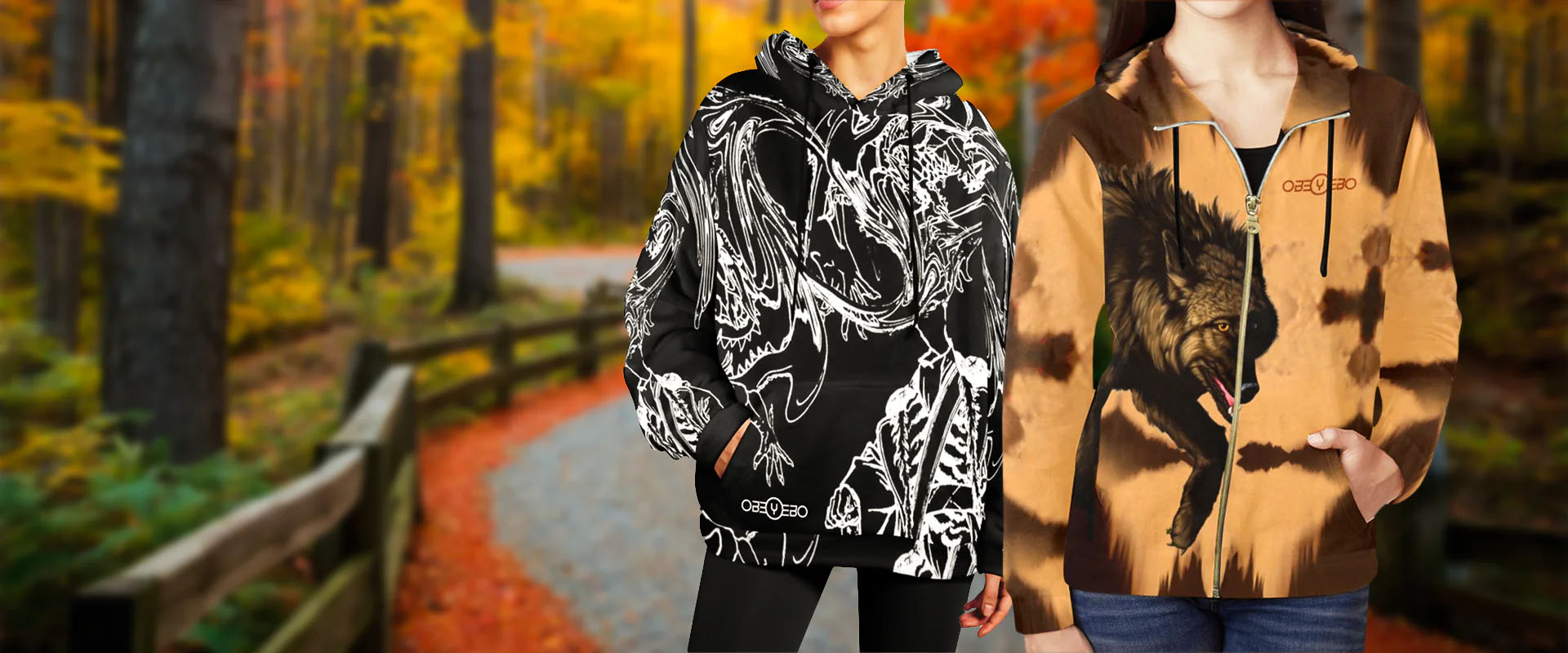 Two stylish hoodies displayed in a vibrant autumn forest, featuring unique designs: a dragon and a lion print.