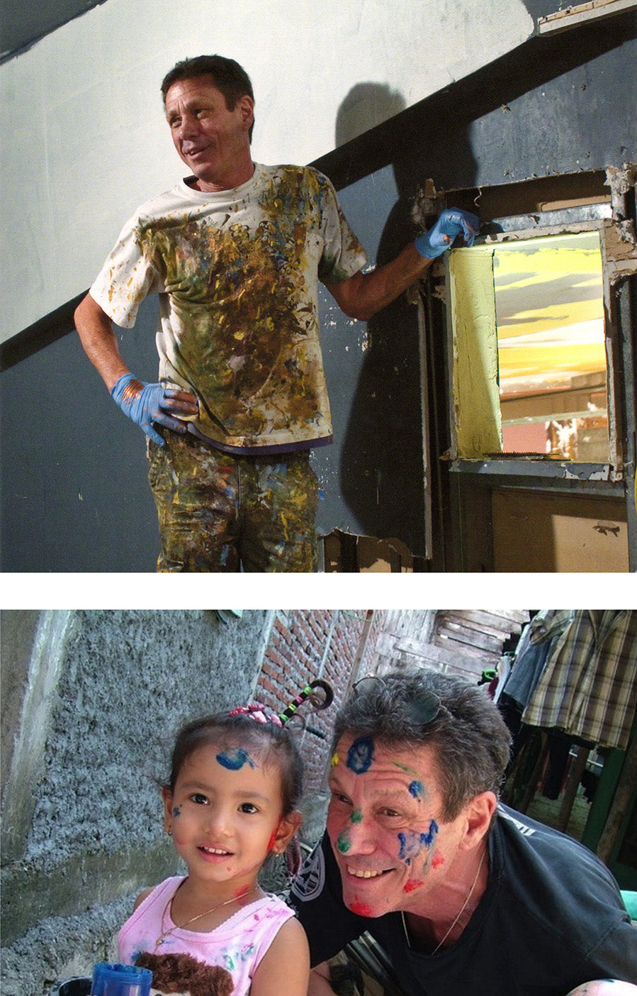 A man covered in paint smiles beside a young girl with paint on her face, capturing a joyful moment during a DIY project.